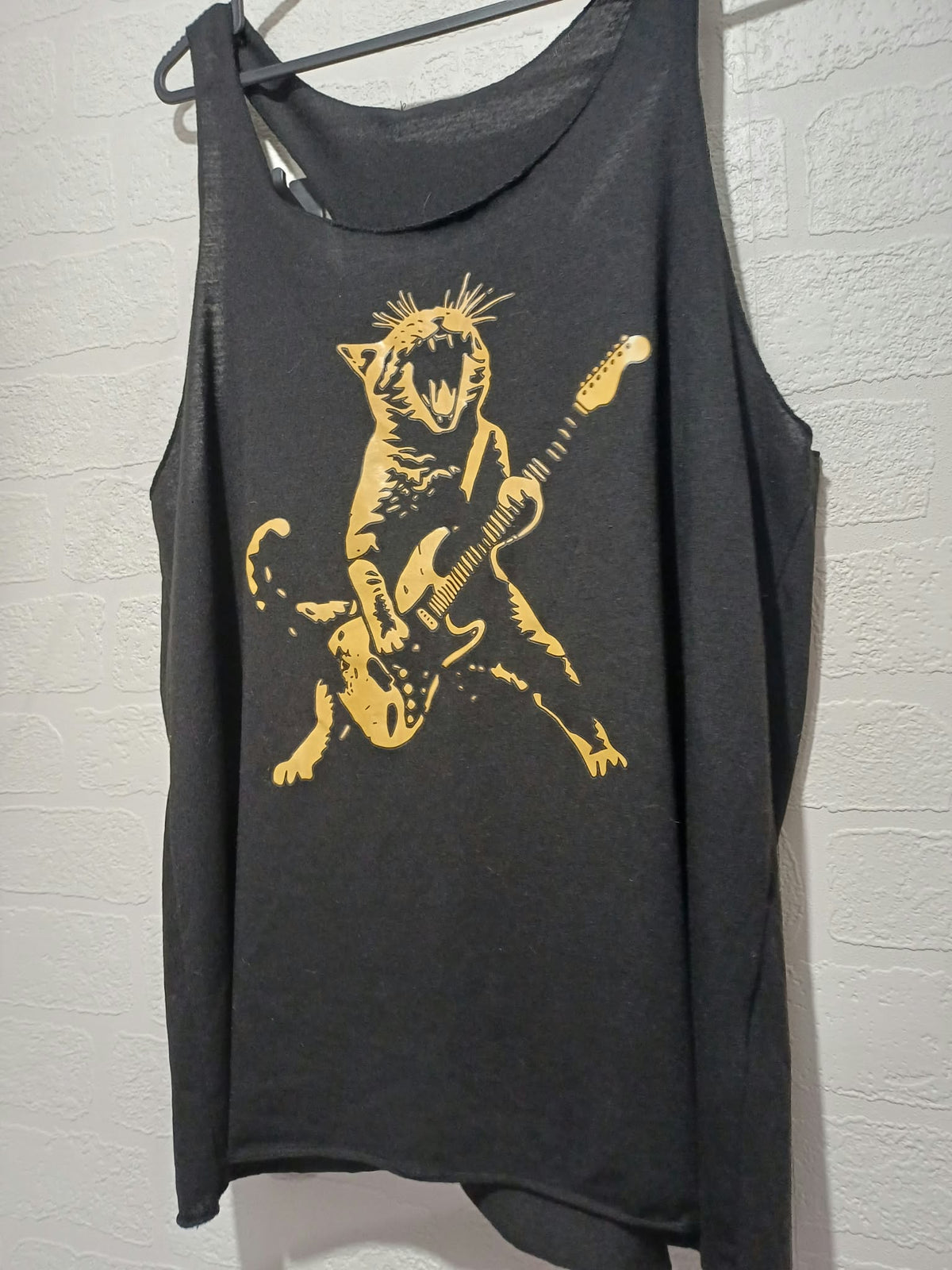 Women's Vest Top SHEIN Black Gold Guitar Playing Cat Graphic Racerback Size L Very Good Condition