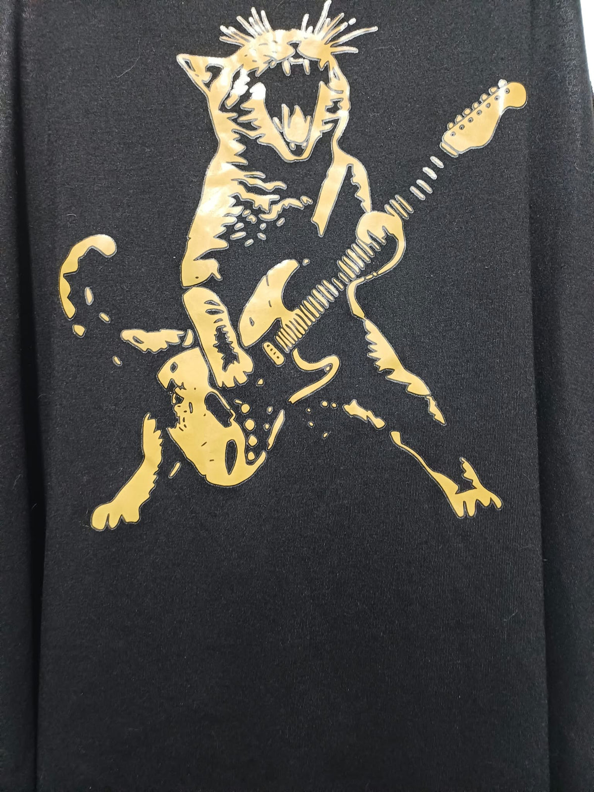 Women's Vest Top SHEIN Black Gold Guitar Playing Cat Graphic Racerback Size L Very Good Condition