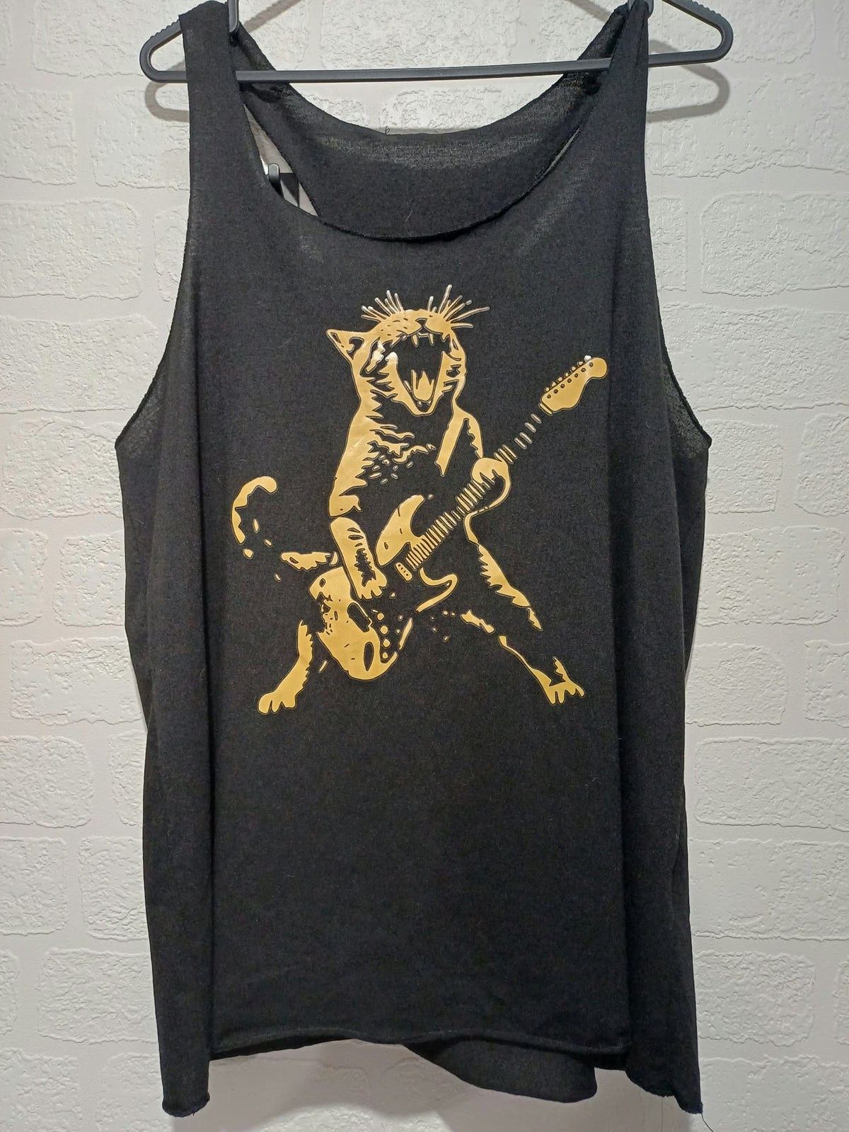 Women's Vest Top SHEIN Black Gold Guitar Playing Cat Graphic Racerback Size L Very Good Condition