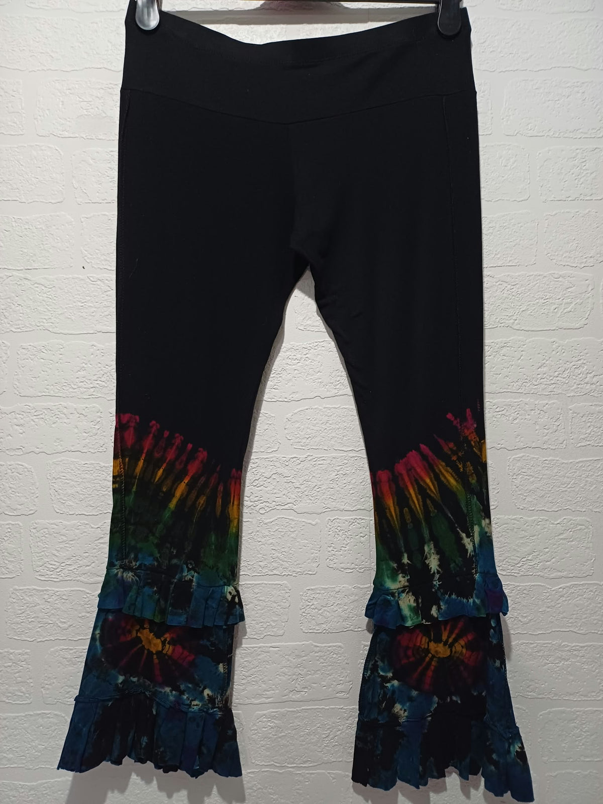 Women's Leggings Funky Threads Black Rainbow Tie Dye Ruffle Flare Estimated UK 12 Very Good Condition