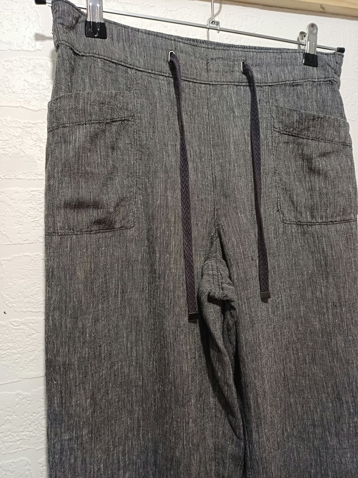 Women's Trousers Grey Linen Blend Wide Leg Drawstring Waist Size 10 Very Good Condition