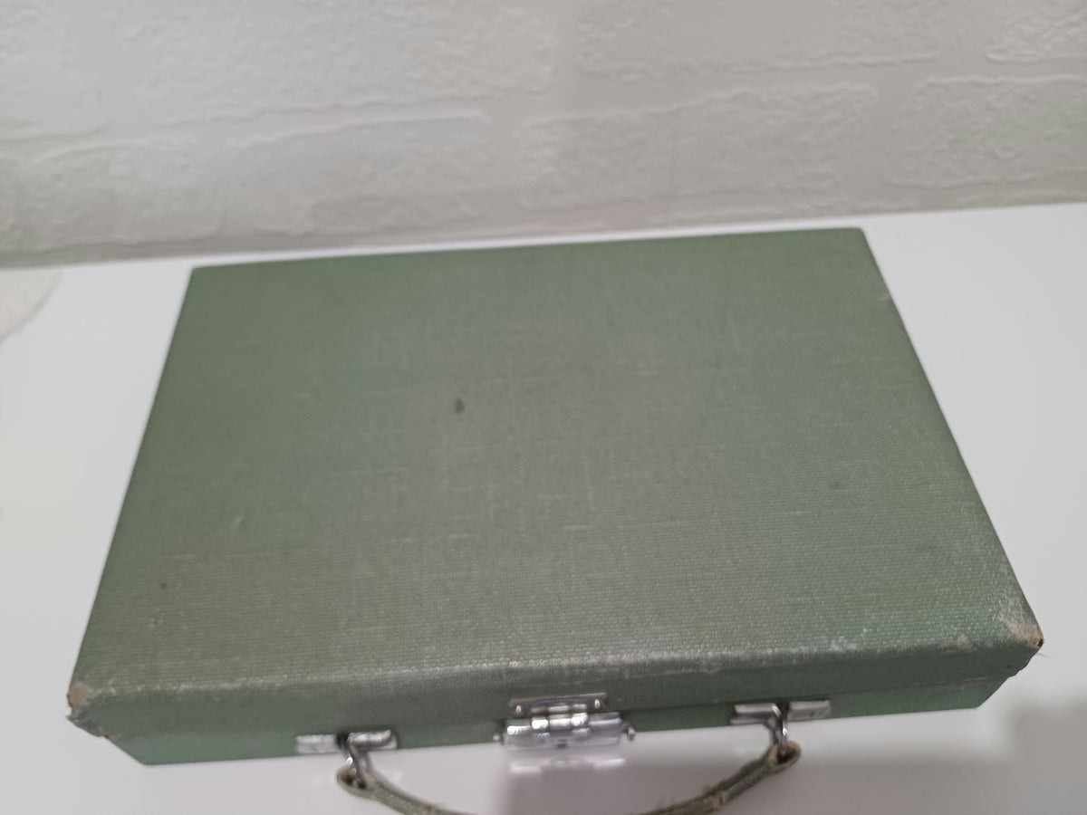 Vintage Art Deco Green Travel Vanity Case with 5 Glass Jars & Bottles and 1938 Prize Card