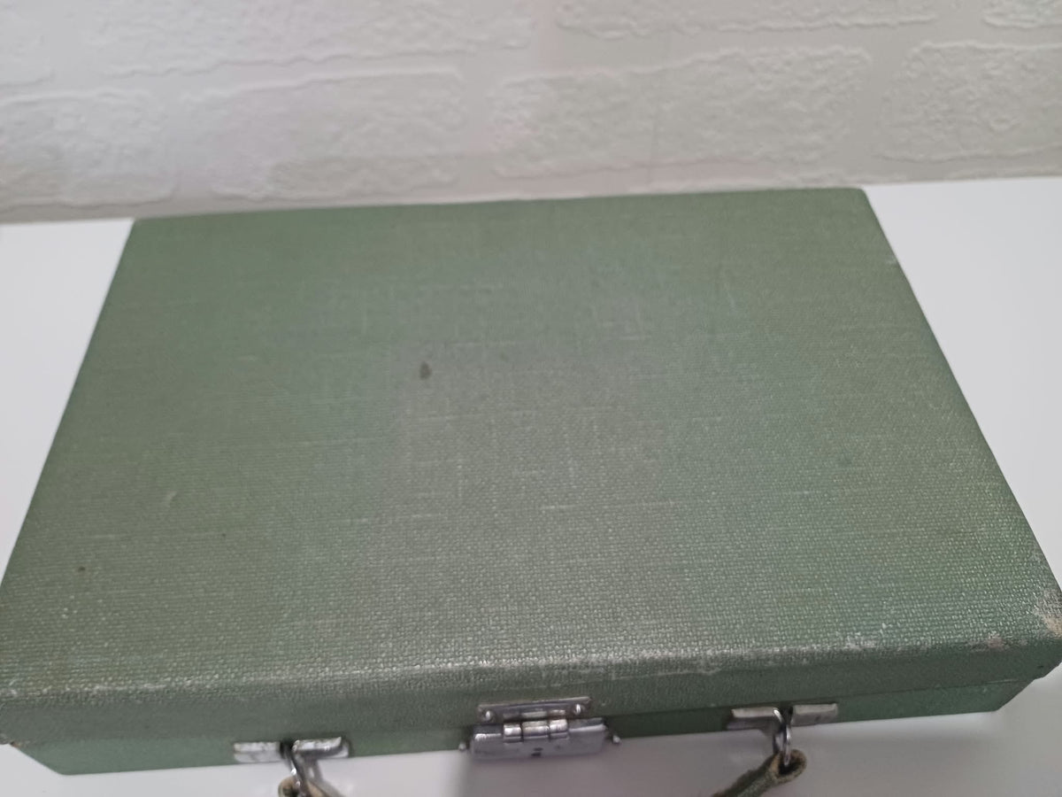 Vintage Art Deco Green Travel Vanity Case with 5 Glass Jars & Bottles and 1938 Prize Card