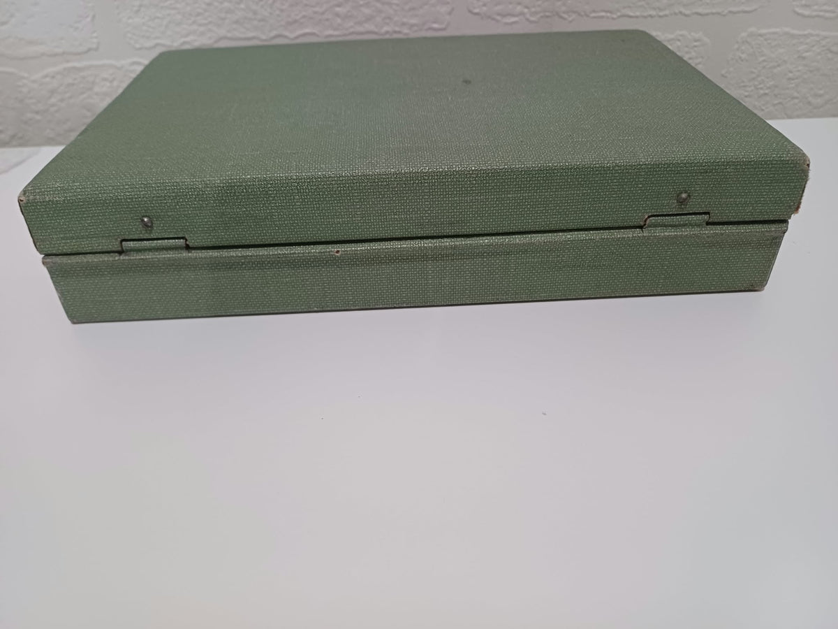 Vintage Art Deco Green Travel Vanity Case with 5 Glass Jars & Bottles and 1938 Prize Card