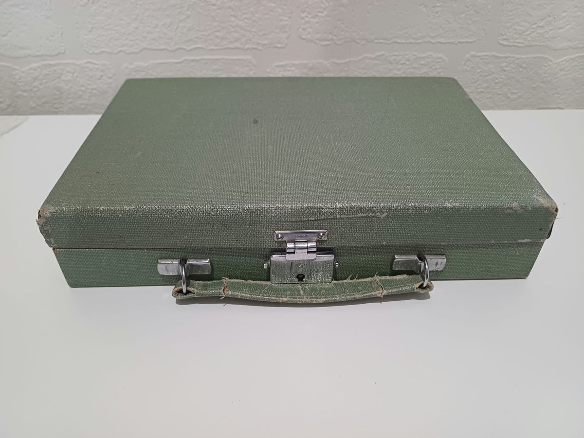 Vintage Art Deco Green Travel Vanity Case with 5 Glass Jars & Bottles and 1938 Prize Card