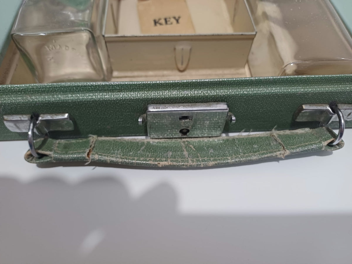 Vintage Art Deco Green Travel Vanity Case with 5 Glass Jars & Bottles and 1938 Prize Card