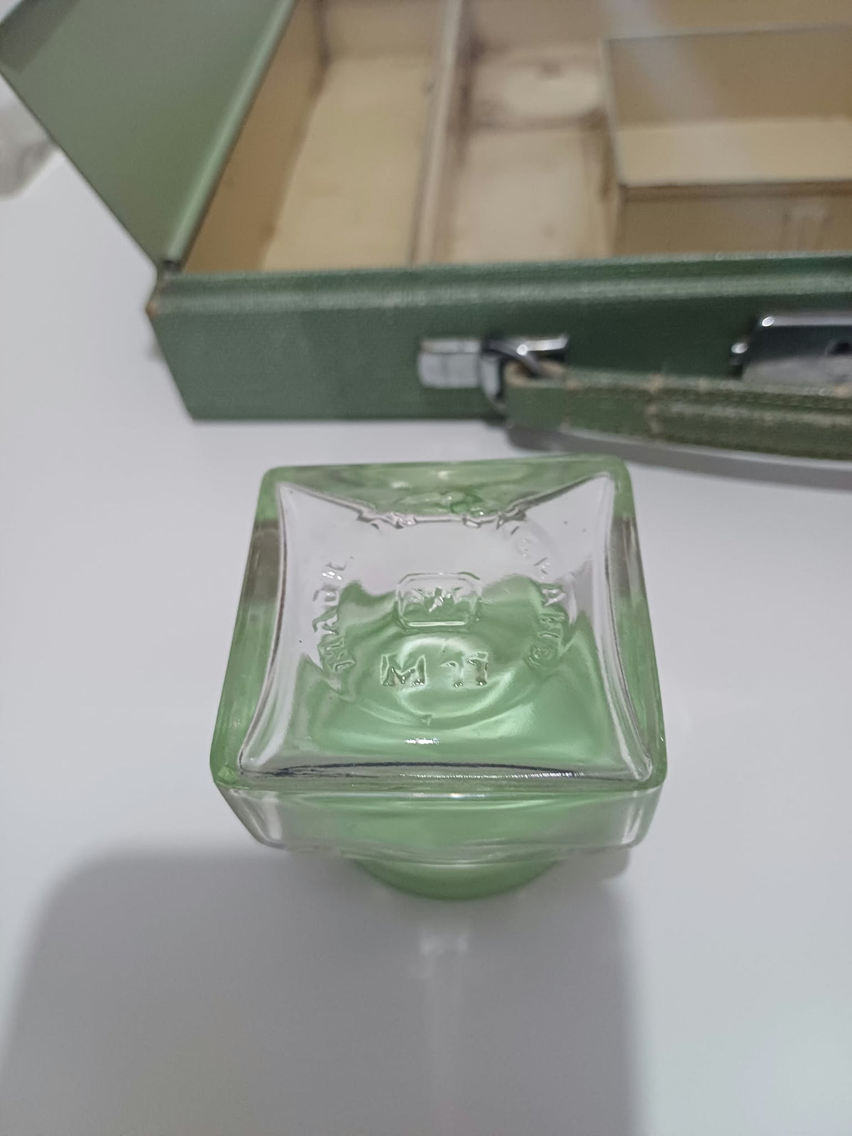 Vintage Art Deco Green Travel Vanity Case with 5 Glass Jars & Bottles and 1938 Prize Card