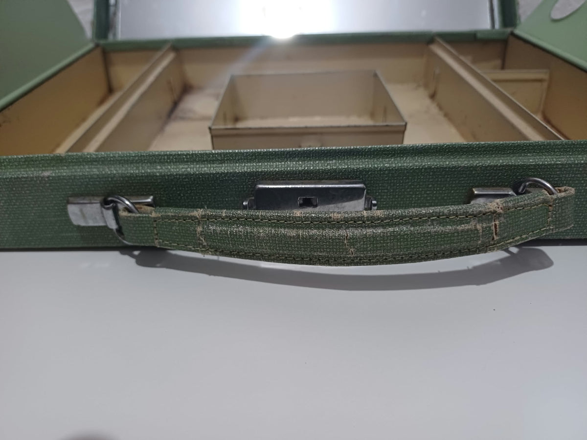 Vintage Art Deco Green Travel Vanity Case with 5 Glass Jars & Bottles and 1938 Prize Card