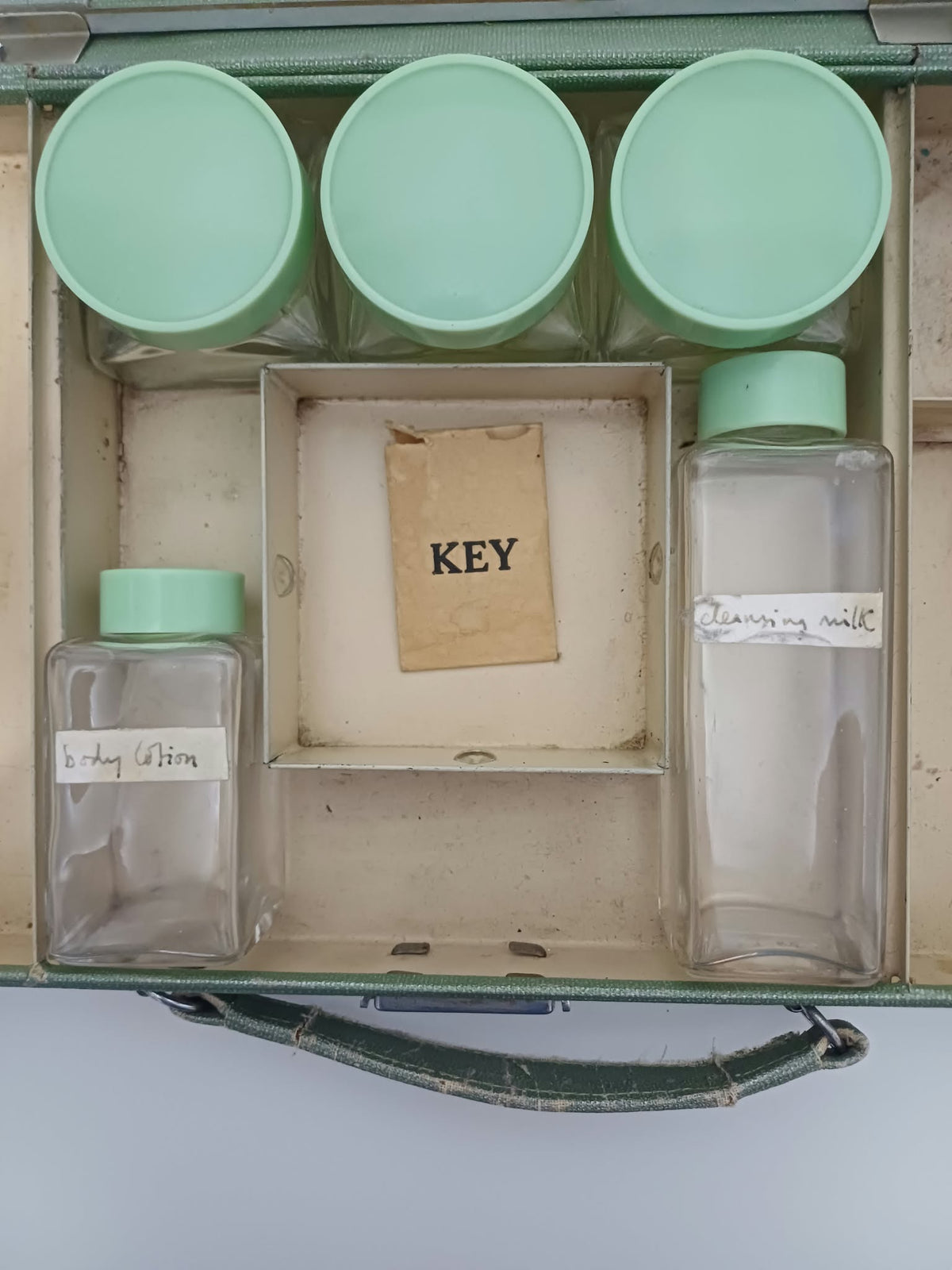 Vintage Art Deco Green Travel Vanity Case with 5 Glass Jars & Bottles and 1938 Prize Card