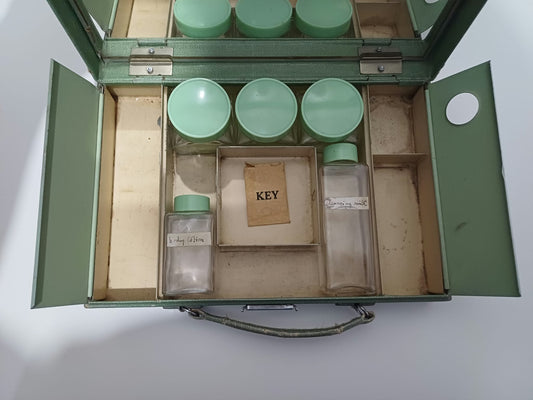 Vintage Art Deco Green Travel Vanity Case with 5 Glass Jars & Bottles and 1938 Prize Card