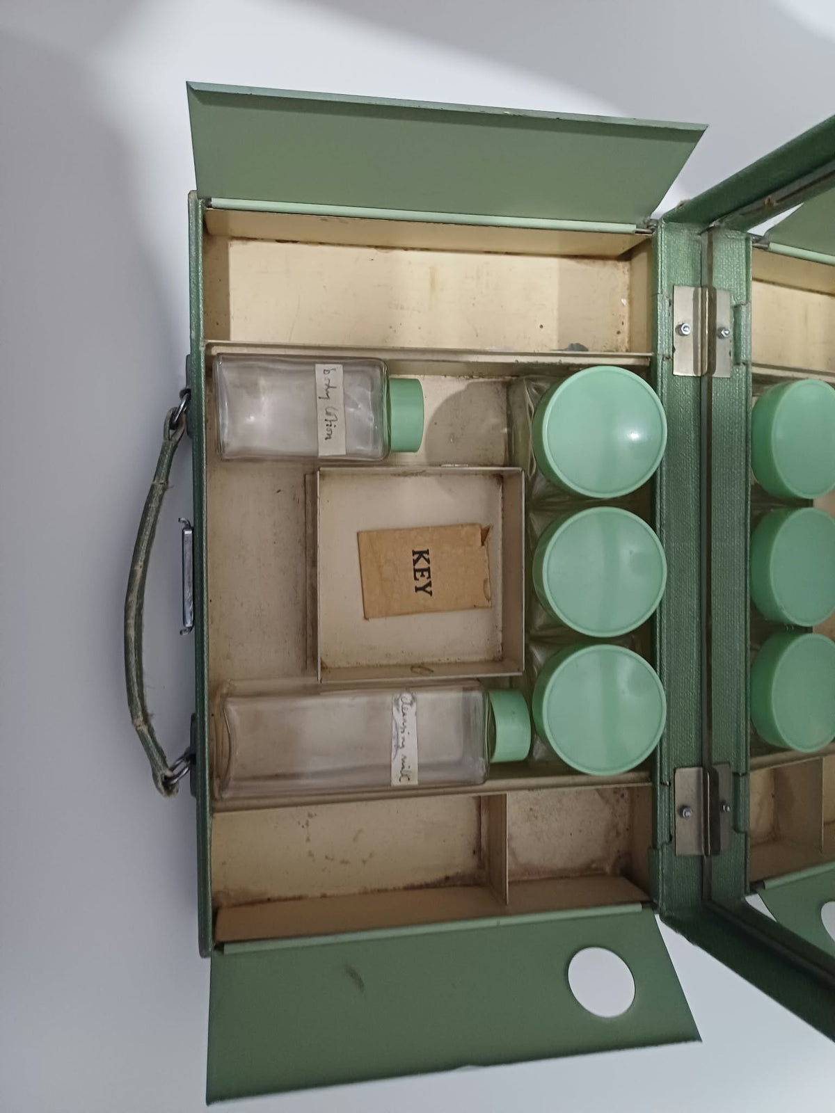 Vintage Art Deco Green Travel Vanity Case with 5 Glass Jars & Bottles and 1938 Prize Card