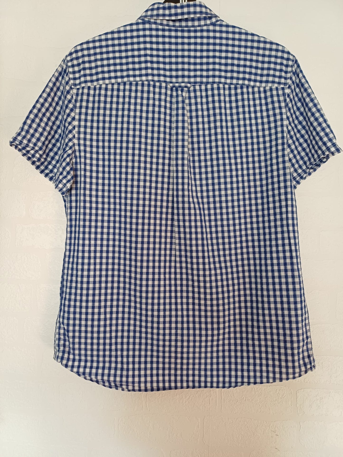 Men's Shirt Jack Wills Blue & White Gingham Check Short Sleeve Size L Approx. 21.5" PTP 31" Length - Very Good Condition
