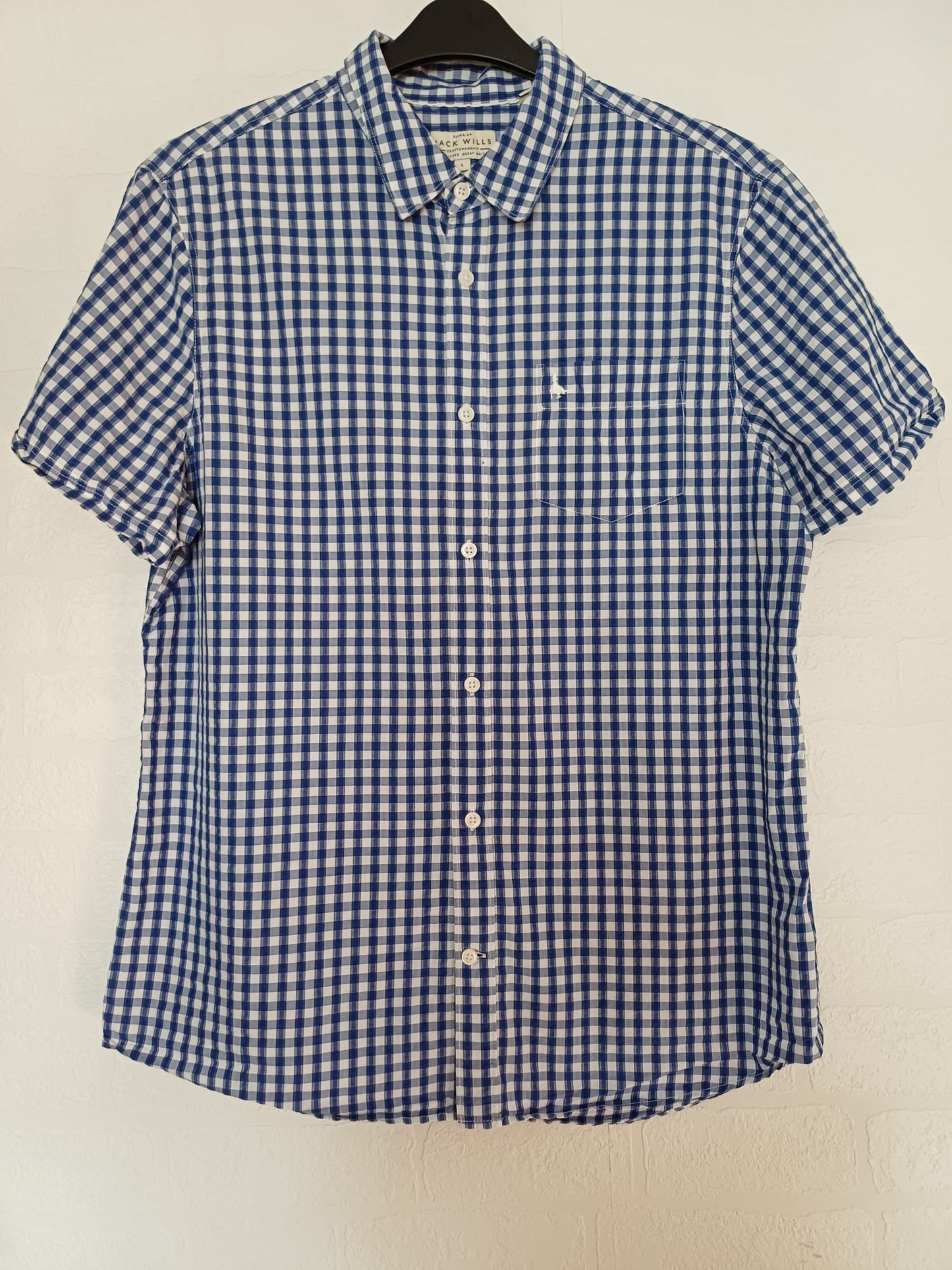 Men's Shirt Jack Wills Blue & White Gingham Check Short Sleeve Size L Approx. 21.5" PTP 31" Length - Very Good Condition