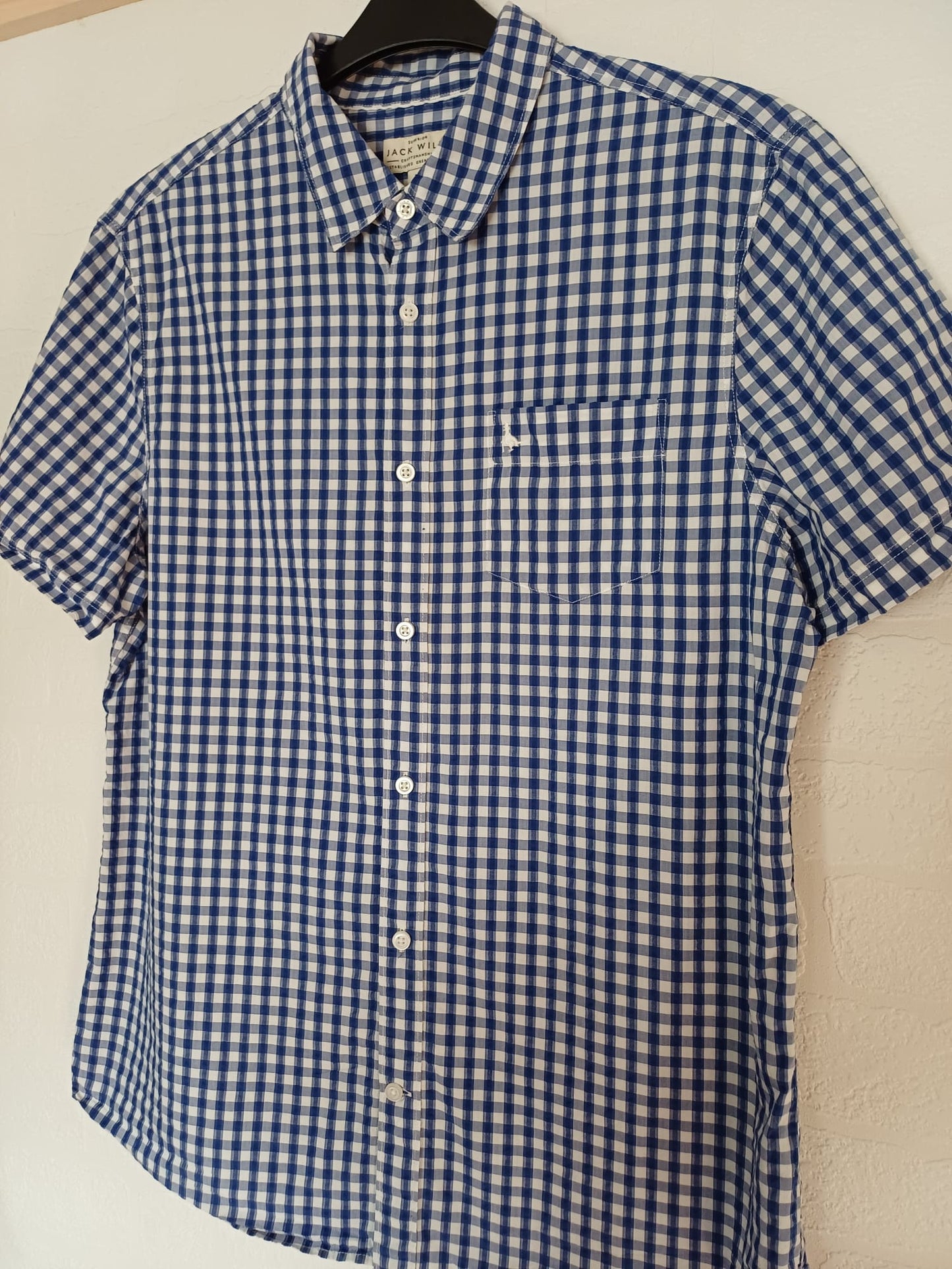Men's Shirt Jack Wills Blue & White Gingham Check Short Sleeve Size L Approx. 21.5" PTP 31" Length - Very Good Condition