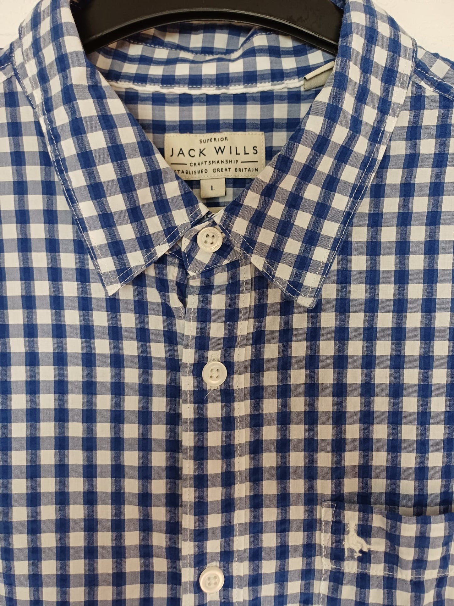 Men's Shirt Jack Wills Blue & White Gingham Check Short Sleeve Size L Approx. 21.5" PTP 31" Length - Very Good Condition