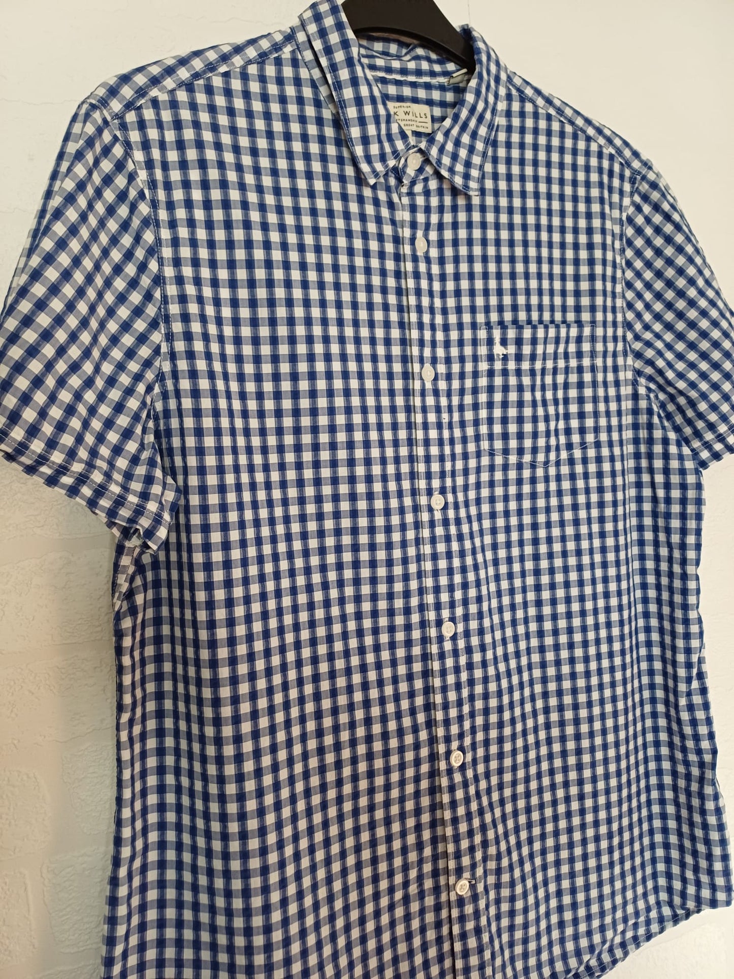 Men's Shirt Jack Wills Blue & White Gingham Check Short Sleeve Size L Approx. 21.5" PTP 31" Length - Very Good Condition