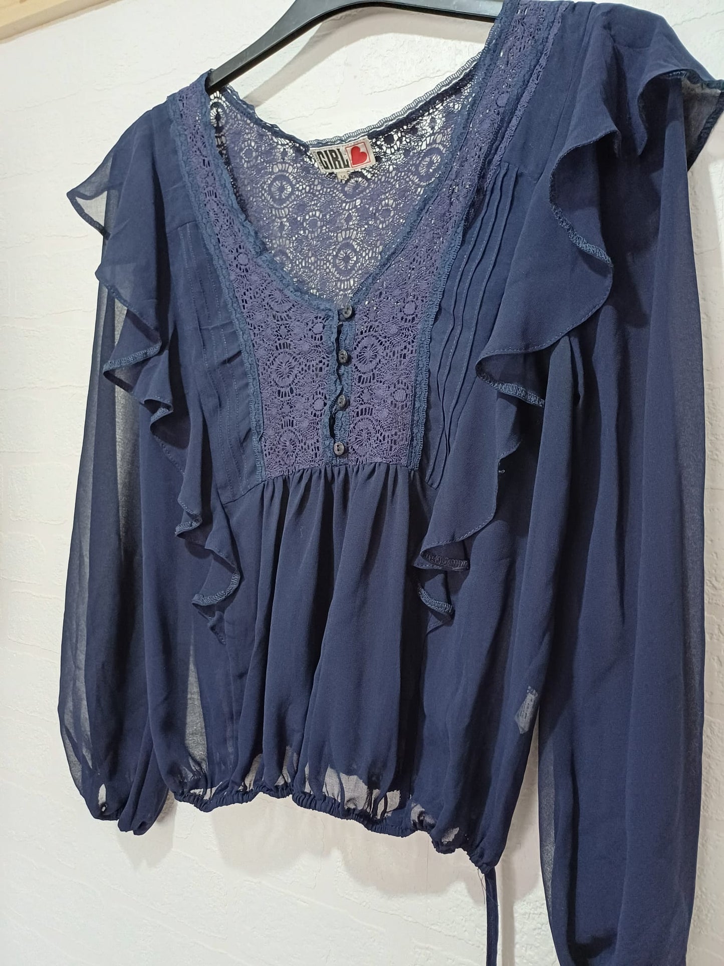 Women's Blouse Chelsea Girl Navy Blue Lace Ruffle Boho Long Sleeve Button Front Size 14 Approx. 20" PTP - Very Good Condition