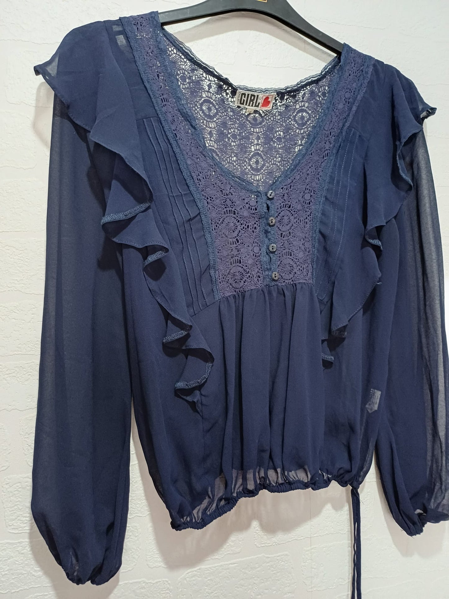 Women's Blouse Chelsea Girl Navy Blue Lace Ruffle Boho Long Sleeve Button Front Size 14 Approx. 20" PTP - Very Good Condition