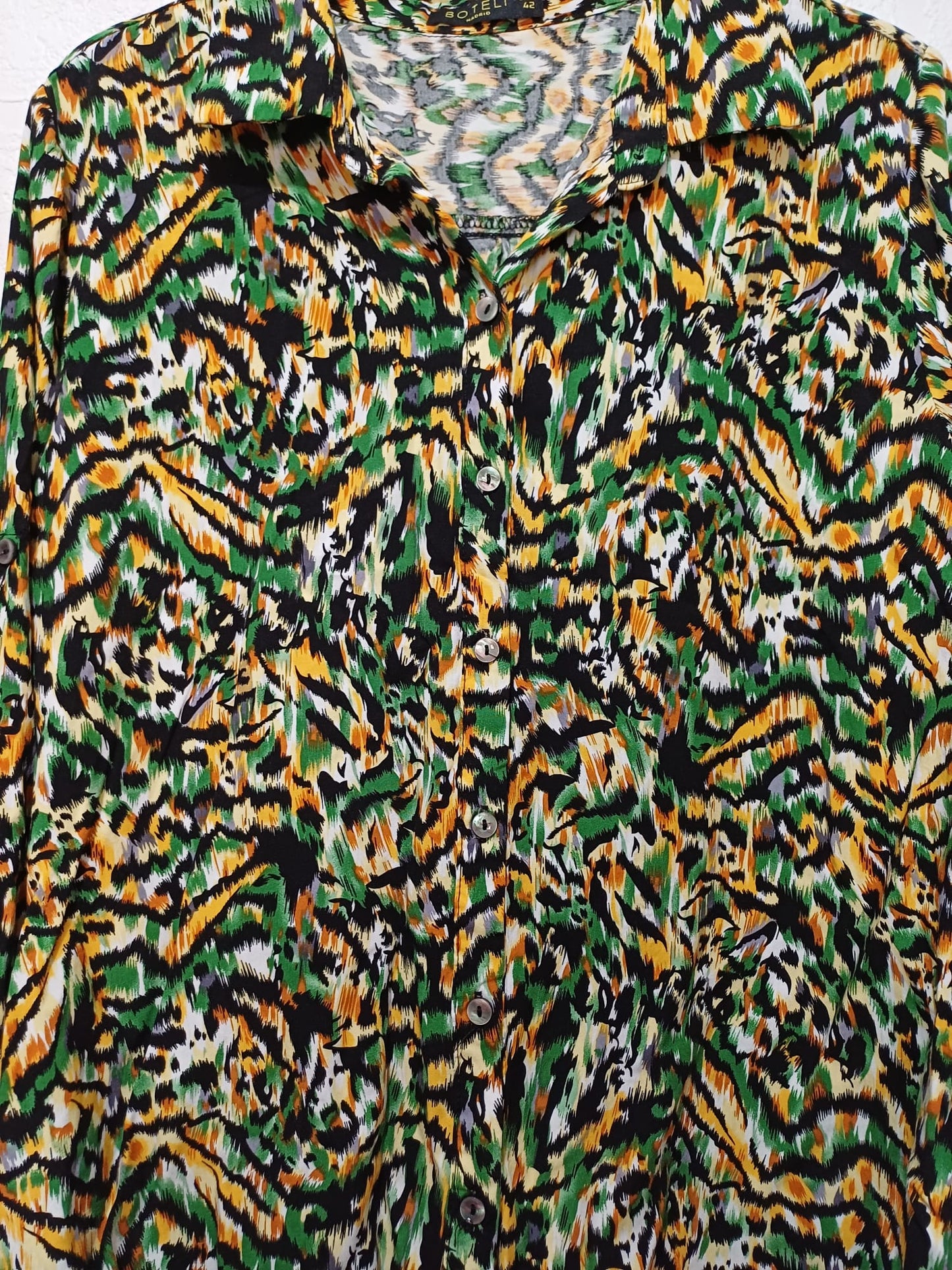 Women's Blouse New Look Black Pink Orange Floral Frill High Neck Sheer Long Sleeve Size 14 Approx. 21" PTP - Very Good Condition