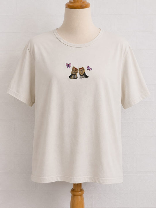 Women's T-Shirt White Yorkshire Terrier Dog & Butterfly Embroidered Print Size L Approx. 22" PTP Approx. 24" Length - Very Good Condition