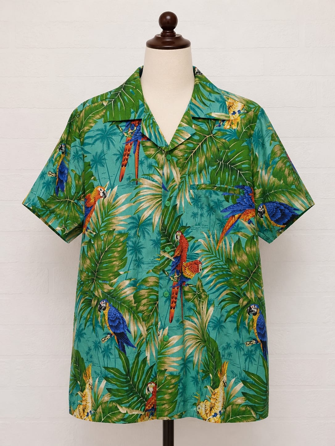 Men's Shirt Cubana Parrot Exotic Foliage Palm Leaf Print Medium Approx. 23" PTP - Very Good Condition
