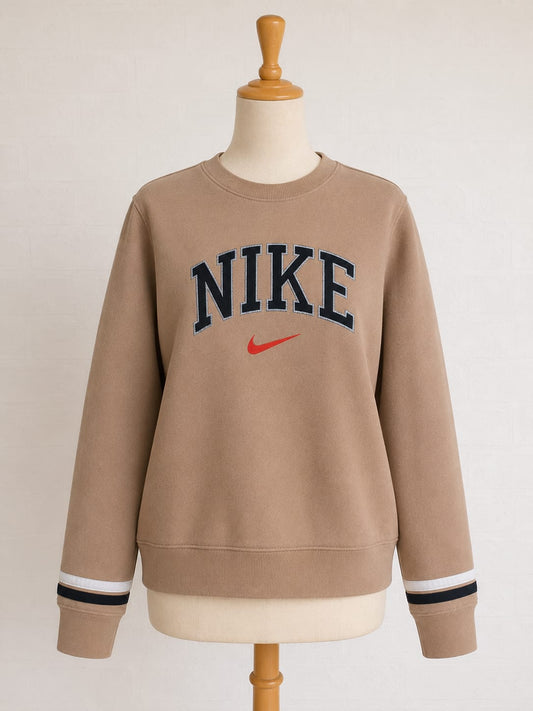 Men's Sweatshirt Nike Beige/Peach Crew Neck Logo Chest Red Swoosh Striped Cuffs Size XS/S - Very Good Condition