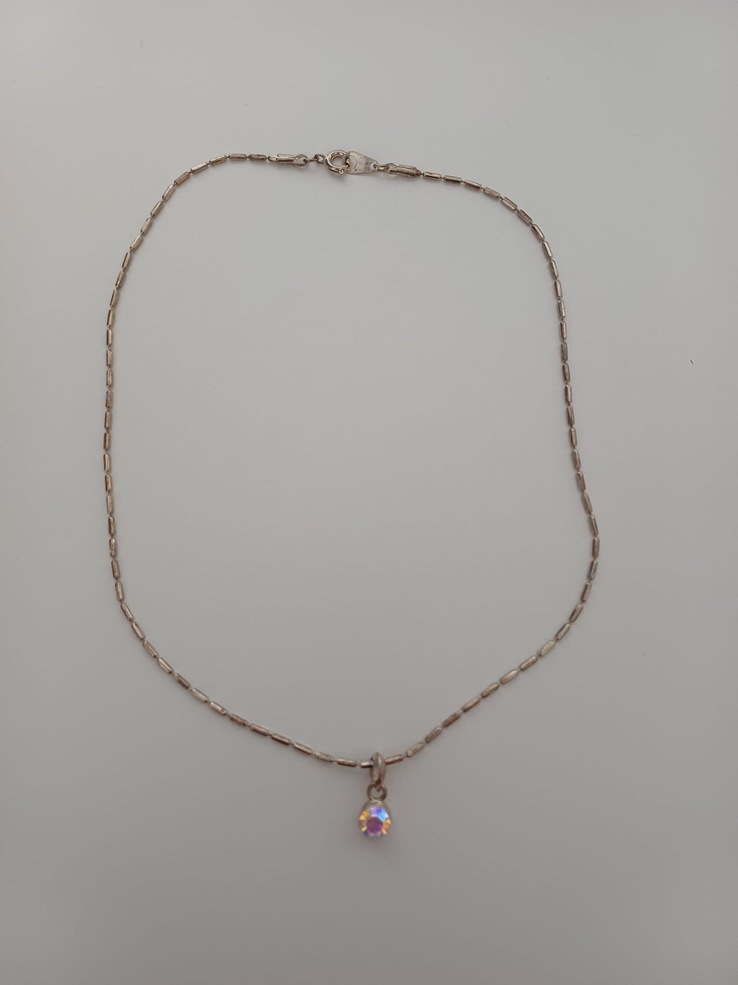 Women's Silver Tone Elegant Necklace Aurora Borealis Crystal Pendant 40.5cm - Good Condition