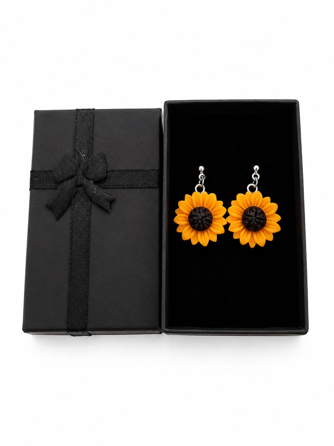 Silver Tone Yellow Sunflower Drop Dangle Earrings Floral Style Gift Boxed New