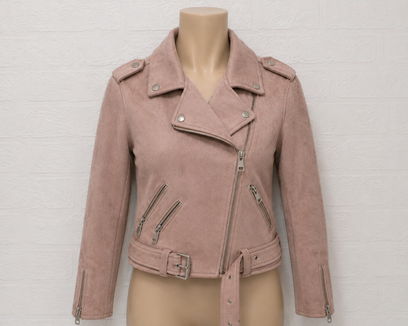 Women's Jacket Zara Blush Pink Faux Suede Cropped Biker Belted Size XS - Very Good Condition