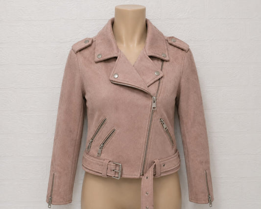 Women's Jacket Zara Blush Pink Faux Suede Cropped Biker Belted Size XS - Very Good Condition