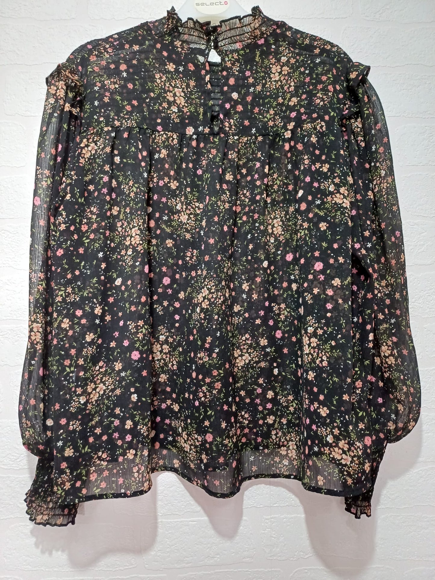 Women's Blouse New Look Black Pink Orange Floral Frill High Neck Sheer Long Sleeve Size 14 Approx. 21" PTP - Very Good Condition