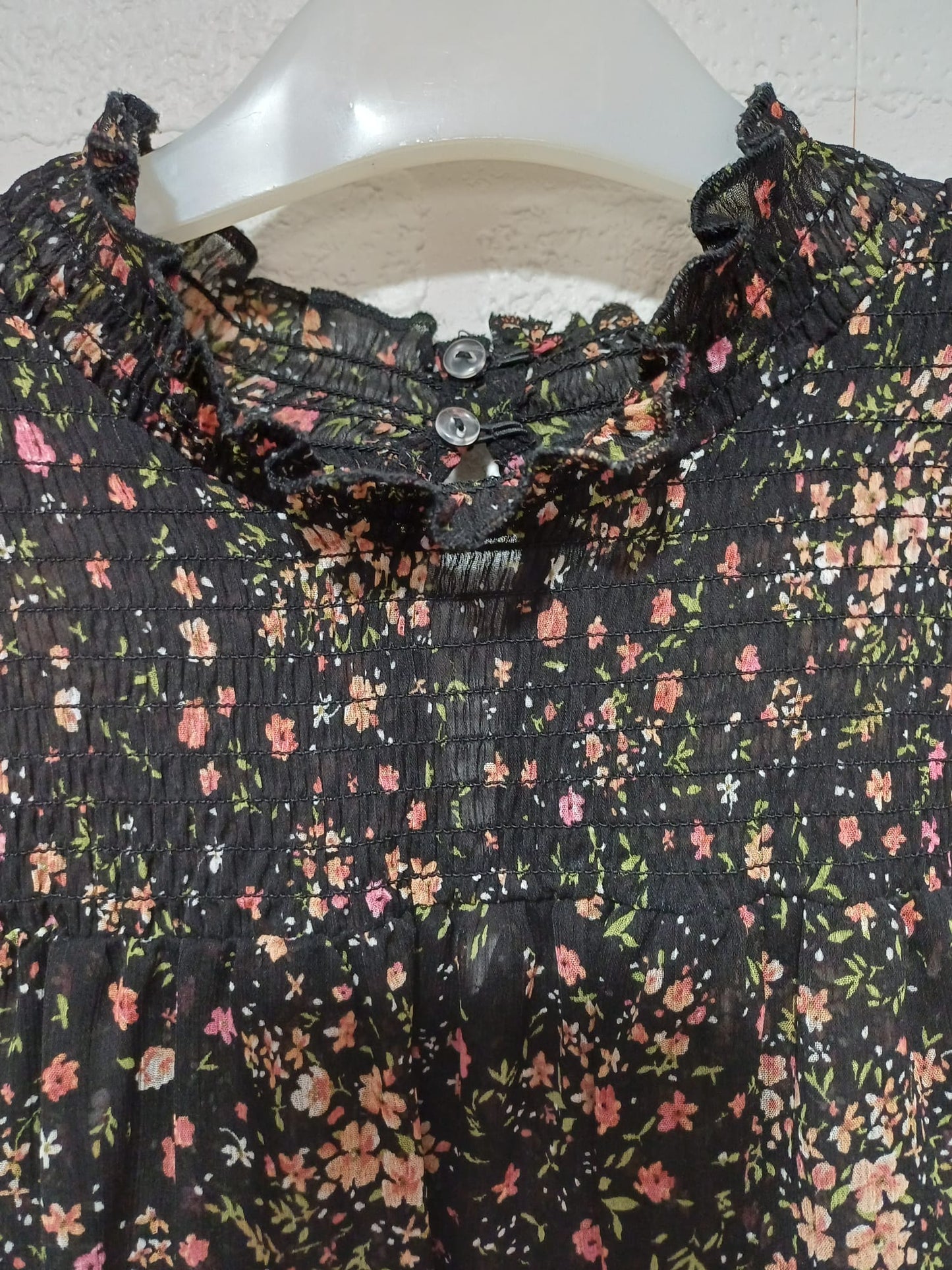 Women's Blouse New Look Black Pink Orange Floral Frill High Neck Sheer Long Sleeve Size 14 Approx. 21" PTP - Very Good Condition