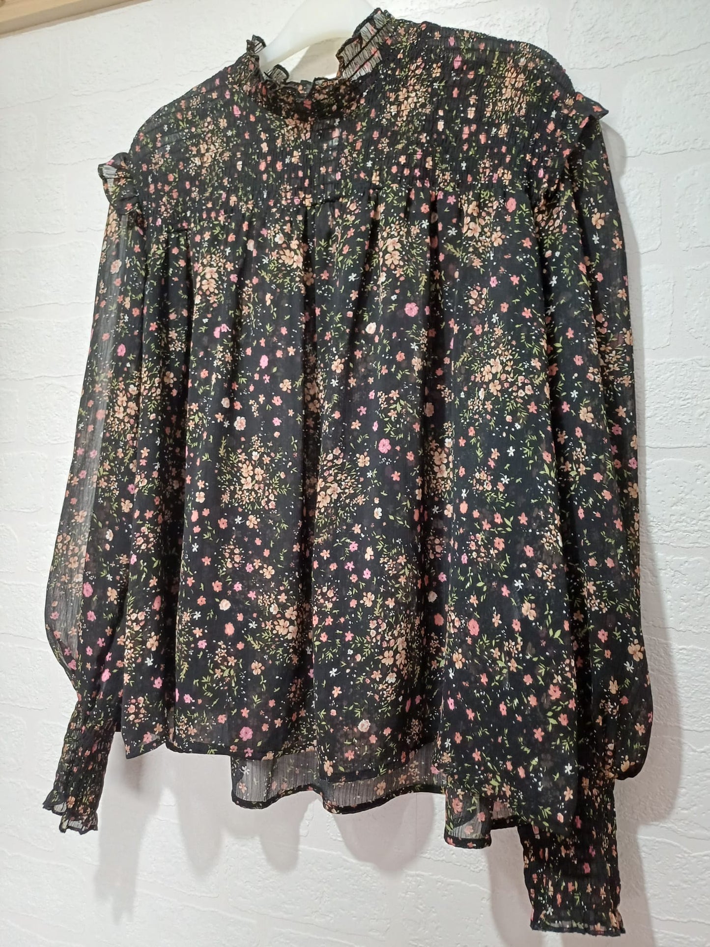 Women's Blouse New Look Black Pink Orange Floral Frill High Neck Sheer Long Sleeve Size 14 Approx. 21" PTP - Very Good Condition