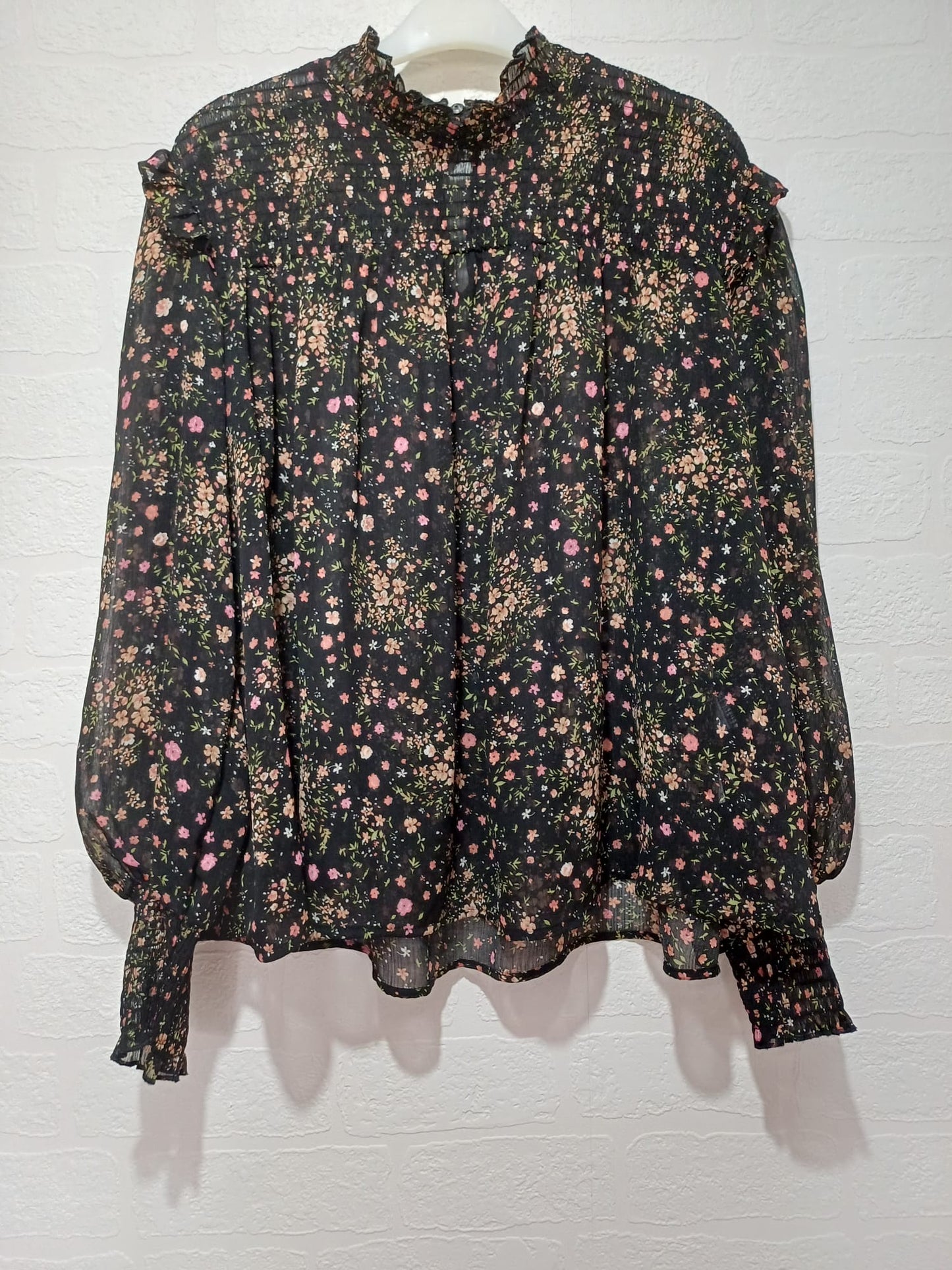 Women's Blouse New Look Black Pink Orange Floral Frill High Neck Sheer Long Sleeve Size 14 Approx. 21" PTP - Very Good Condition