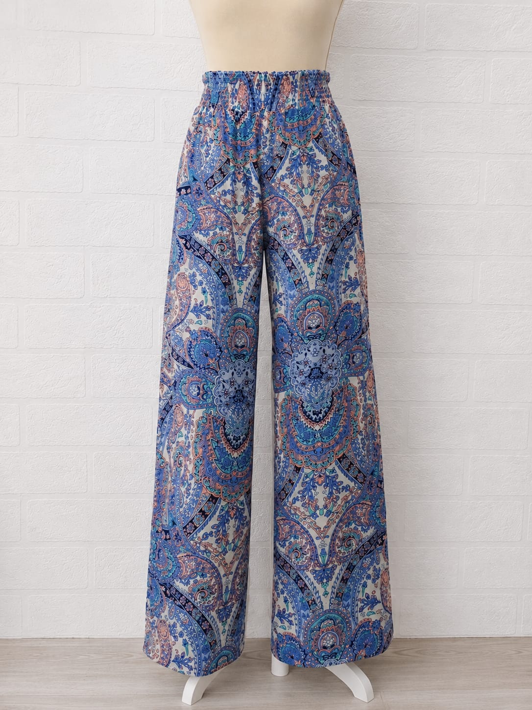 Women's Palazzo Trousers SHEIN Purple Turquoise Peach Paisley Wide Leg High Waist Size L Approx. 26" PTP - Very Good Condition