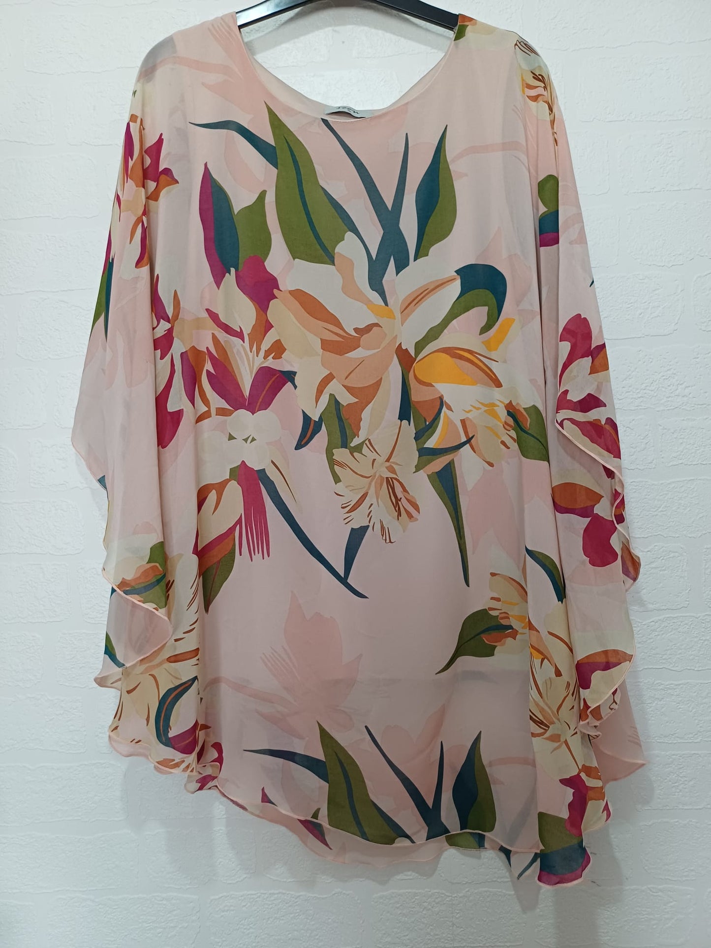 Women's Chiffon Overlay Top Soon Pink Floral Float Round Neckline Size 16 - Good Condition