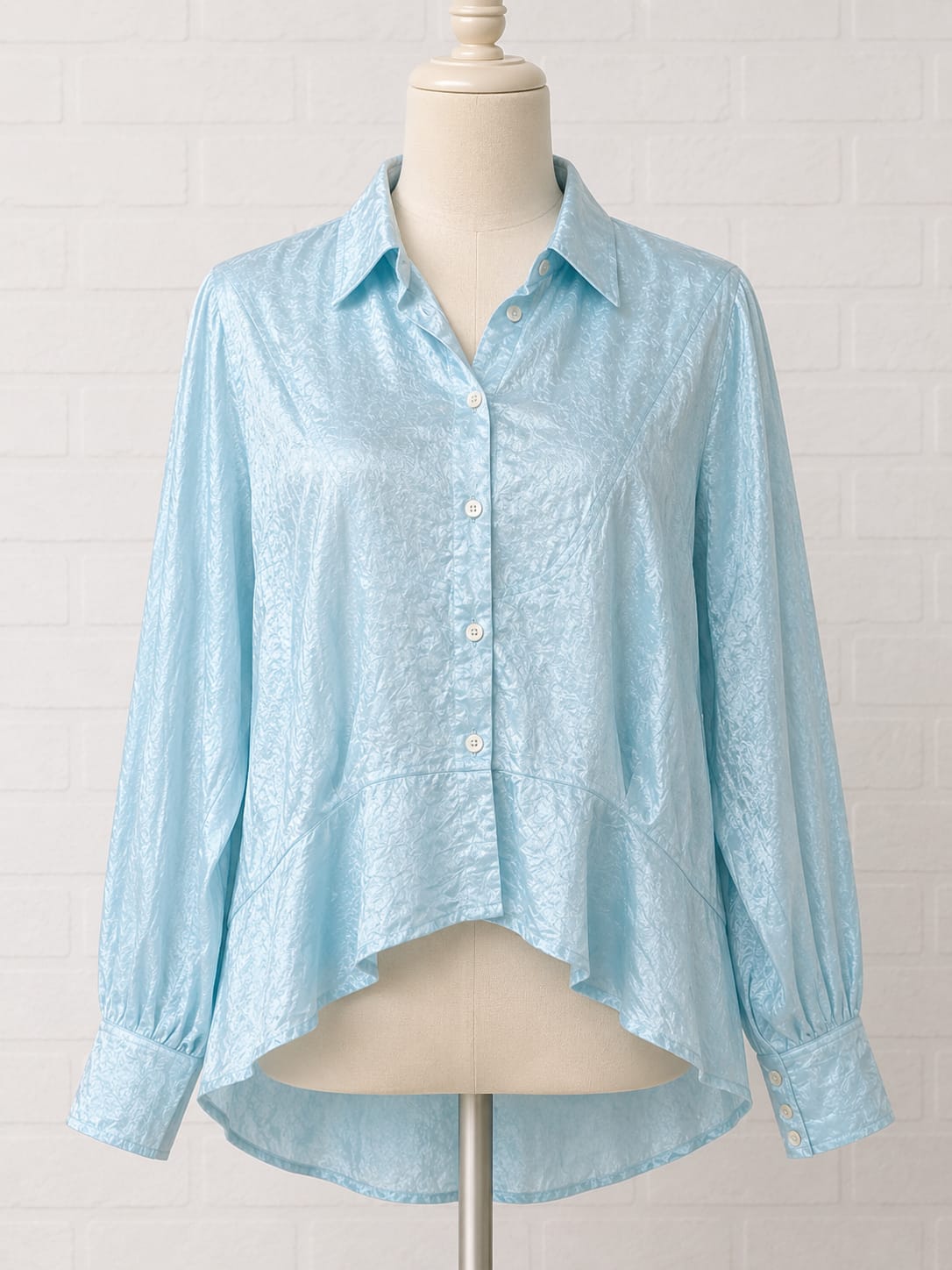 Women's Peplum Blouse Chillytime Sky Blue Satin Pussy Bow Vintage Size 14-16 Approx. 22" PTP - Good Condition