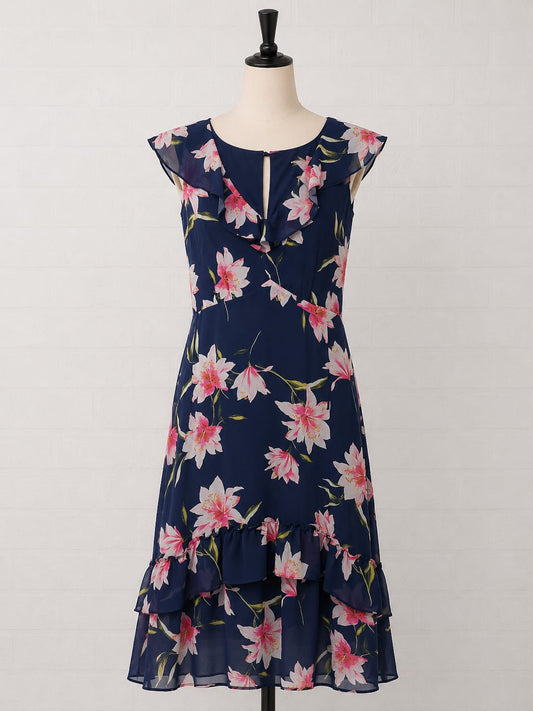 Women's Midi Dress Wallis Tall Navy Blue Pink Lily Floral Print UK 12 Approx. 19" PTP - New With Tags