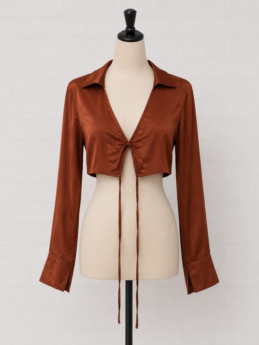 Women's Crop Top Pull&Bear Rust Satin Tie Front Long Sleeve Size S - Brand New With Tags