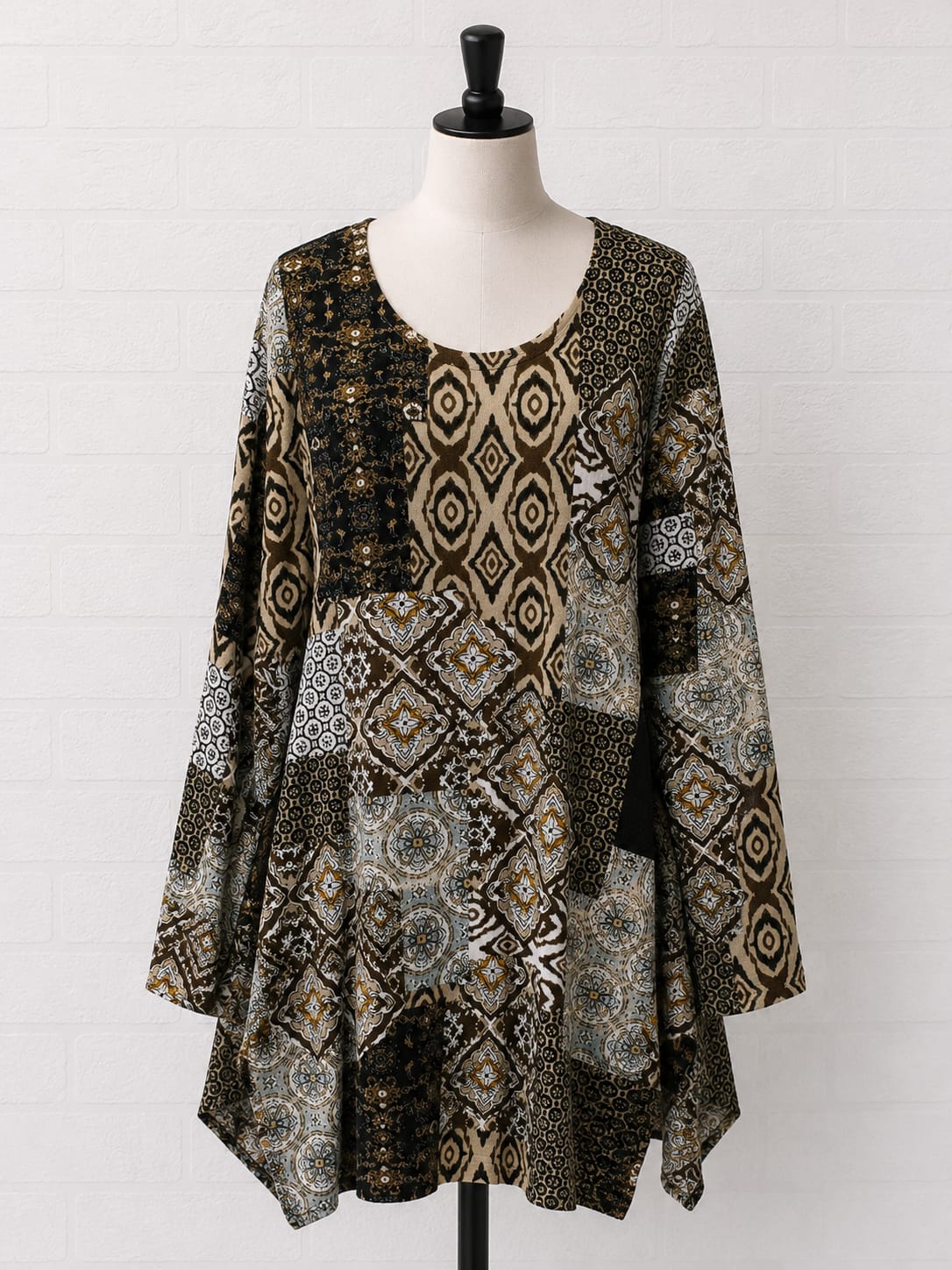 Women's Tunic Top Stella Morgan Brown Beige Patchwork Print Size XL - Very Good Condition