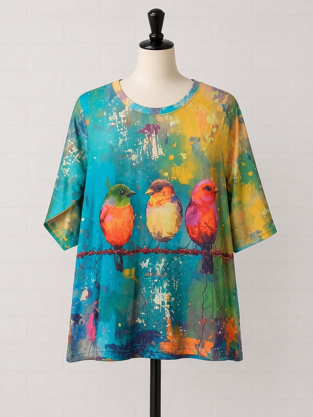 Women's Top Unbranded Colourful Bird Print 3/4 Sleeve Stretch Size M - Like New Condition
