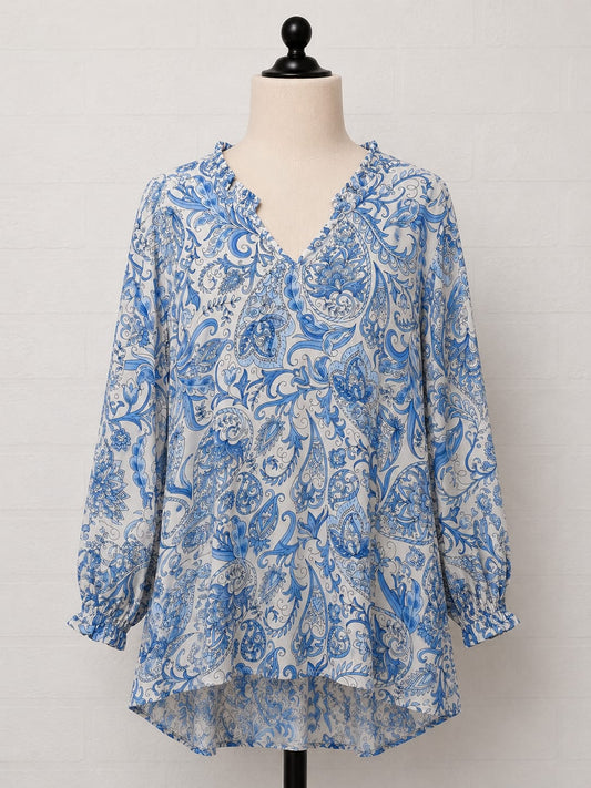 Women's Tunic Top Cerulean by Blue Diamond Blue & White Paisley Size L Approx. 22" PTP - Very Good Condition
