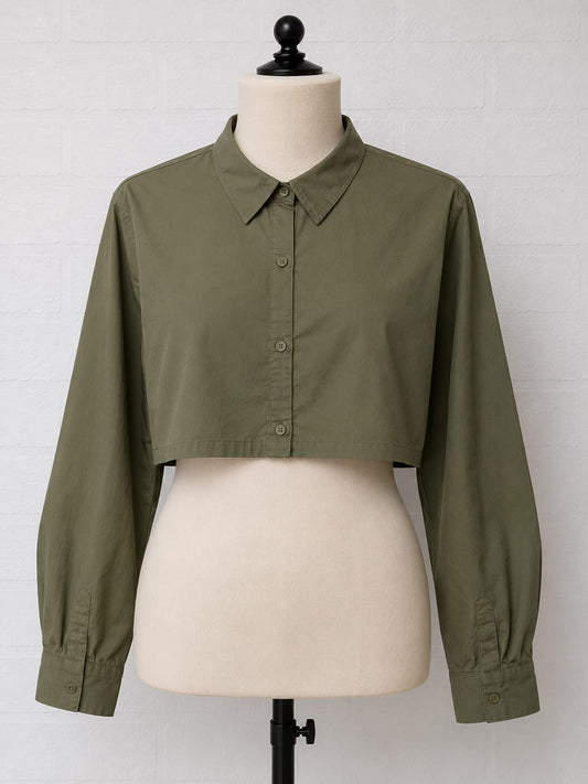 Women's Cropped Shirt H&M Khaki Button Front Size L Approx. 22" PTP - Very Good Condition
