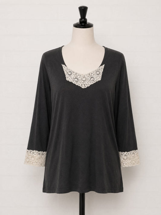 Women's Top Fashion Extra Black White Lace Trim 3/4 Sleeve Stretch Plus Size 18 Approx. 21" PTP - New With Tags