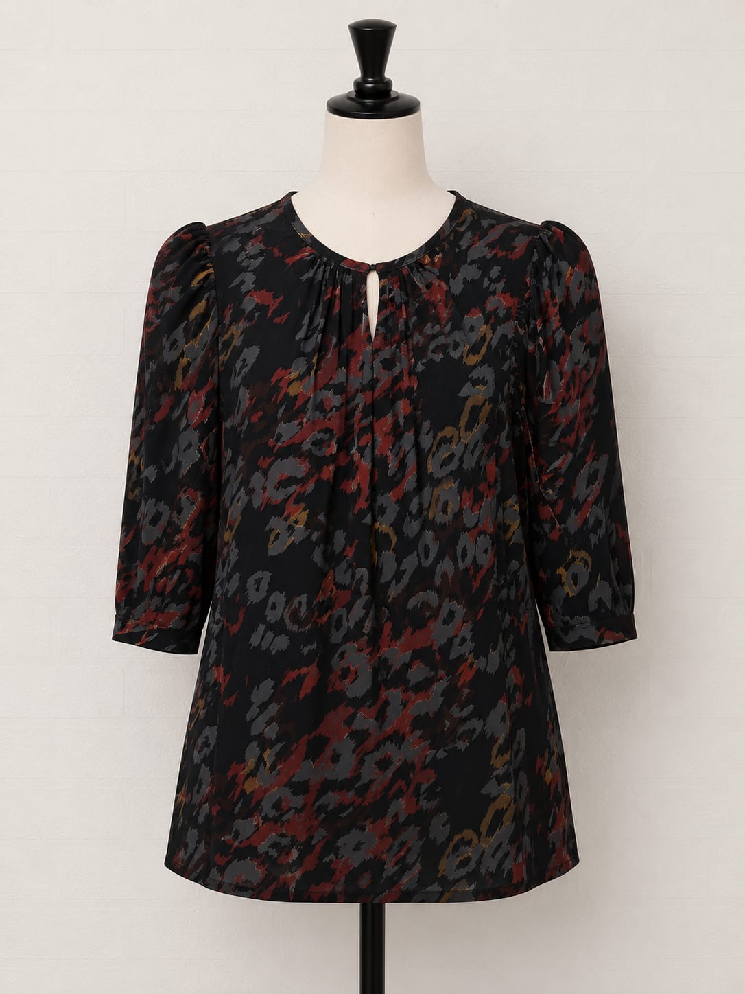 Women's Top Monsoon Black Copper Khaki Velvet Feel Leopard Print Puff Sleeve Size M Approx. 18" PTP - Very Good Condition
