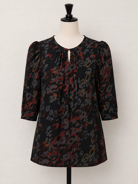 Women's Top Monsoon Black Copper Khaki Velvet Feel Leopard Print Puff Sleeve Size M Approx. 18" PTP - Very Good Condition