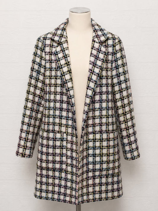 Women's Coat ASOS Multicolour Check Longline Open Front Textured Tweed Style Size 8 Approx. 18" PTP - Very Good Condition