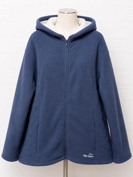 Women's Fleece Jacket Peter Storm Navy Blue Sherpa Lined Hooded Full Zip Size 18 Approx. 24" PTP - Very Good Condition
