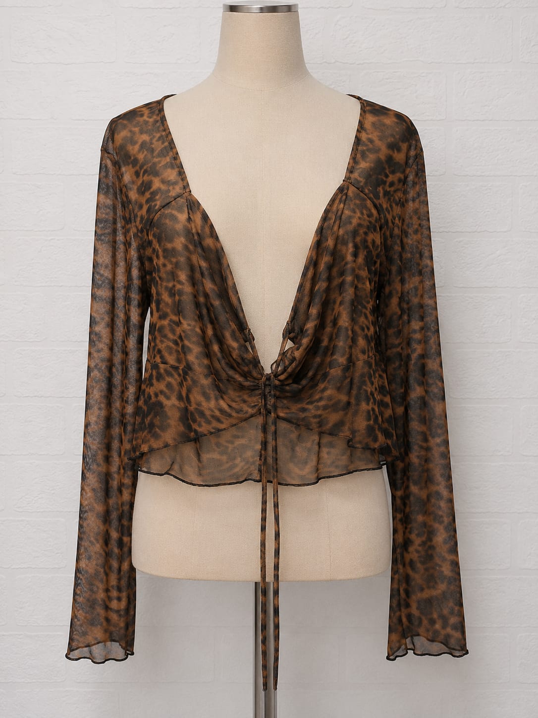 Women's Top Boohoo Brown & Black Leopard Print Mesh Tie Front Long Sleeve Size 24 - Brand New With Tags