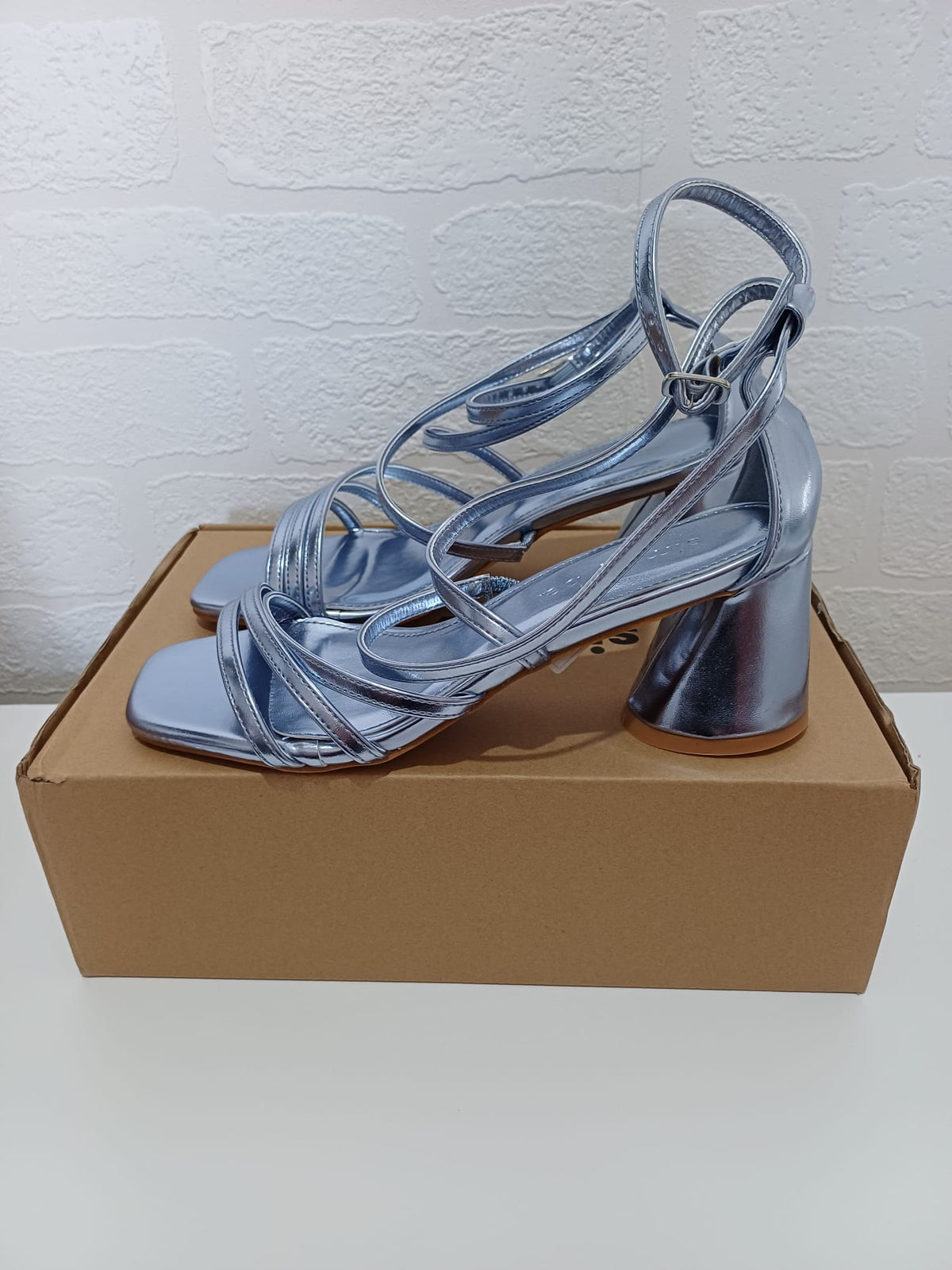 Women's Metallic Blue Silver Block Heel Sandals Simply Be Wide Fit Size 4 - New